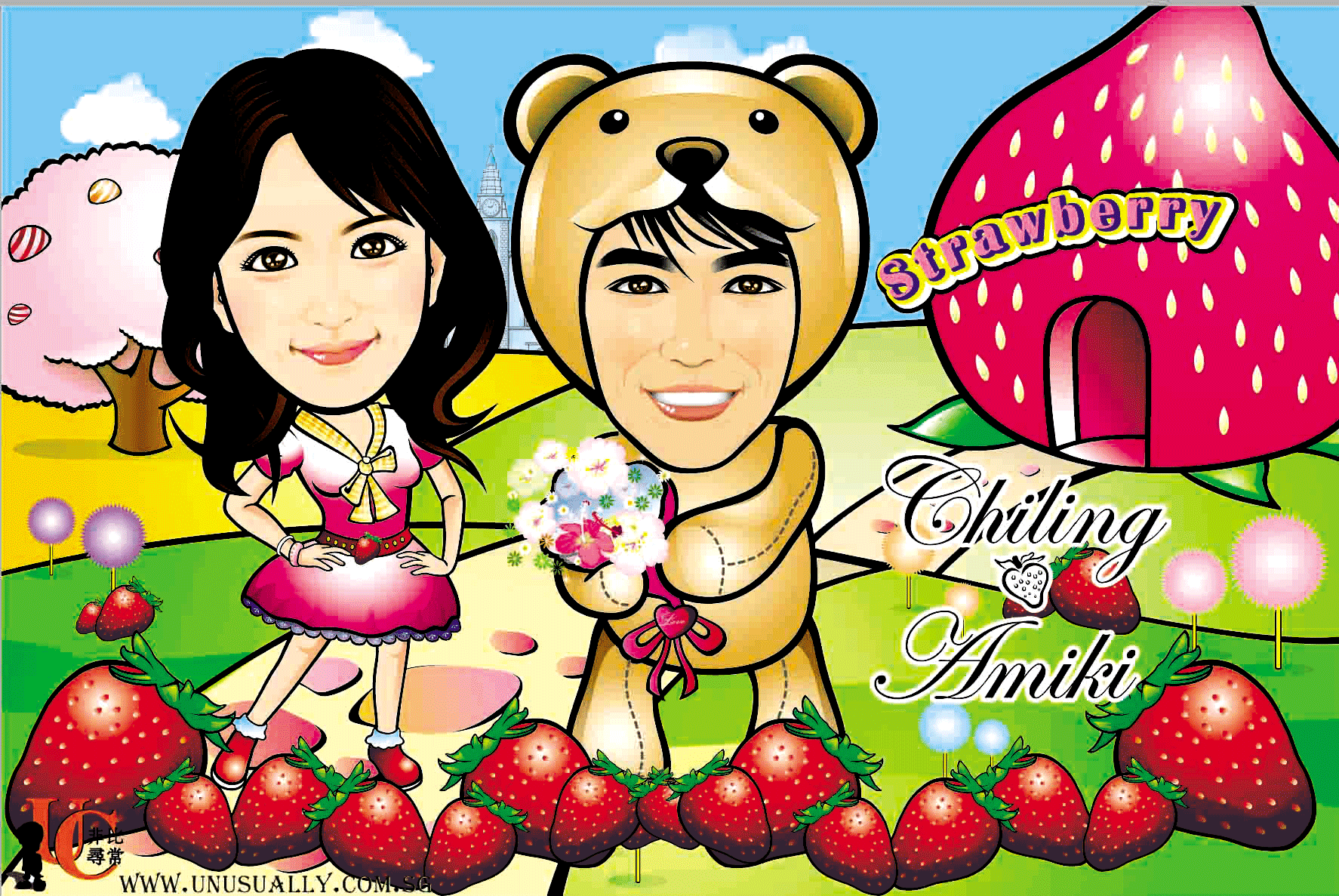 Personalized Strawberry Lovely Couple Theme Caricature Drawing